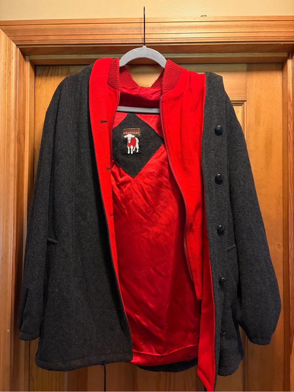 Wool-Blend Charcoal Pea Coat with Red Lining